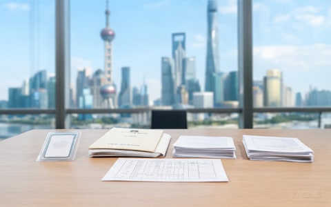 上海居住证积分办理相关材料摆放在办公桌面上，背景为上海城市景观