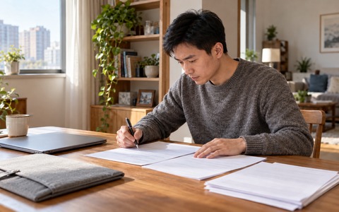 成年上班族在书桌前核对成人教育入学资料
