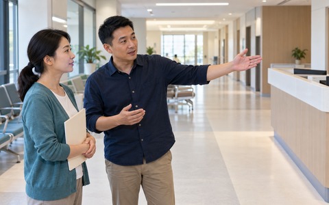 陪诊学员在模拟医院导诊场景学习就诊流程