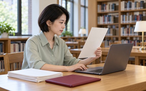 成年考生在图书馆核对学历材料与电脑中的报名信息