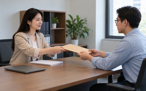 新单位人事专员与入职员工在办公室核对劳动合同，文件内容不可辨识