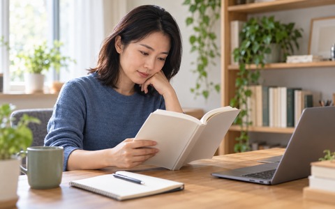 成年学习者在书房读书并整理课程笔记