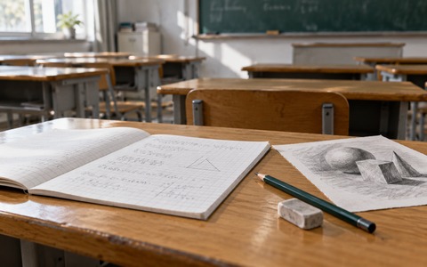 教室桌面上的数学练习本、铅笔与素描，示意成考艺术类数学成绩的使用