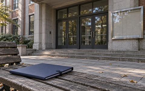 关闭的大学教学楼入口与长椅上的无字文件夹，表现学校停办后的认证疑问