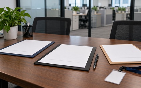 办公桌上的三份协议文件与工牌，示意劳务派遣申请积分时的单位关系