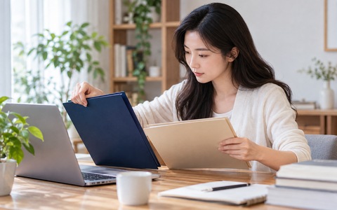 留学生在电脑旁分开整理两只学历资料文件夹
